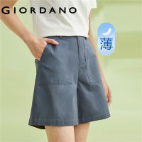 GIORDANO ผู้หญิง ผ้าฝ้ายทอกระเป๋าแพทช์ขนาดใหญ่เอวกึ่งยางยืดกางเกงขาสั้นลำลองบาง Free Shipping 05403313