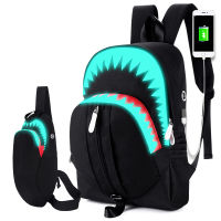 Night Luminous กระเป๋าเป้สะพายหลังผู้ชายแฟชั่น USB ชาร์จ Shark แล็ปท็อป Bookbag กระเป๋าคาดหน้าอกวัยรุ่นกระเป๋านักเรียน Mochila กระเป๋าเดินทางสีดำ