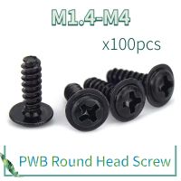 100 buah/lot sekrup PWB kepala bulat dengan mesin cuci sekrup Self- tapping berlapis hitam sekrup PWB M1.4 M1.7 M2 M2.3 M2.6 M3 M3.5 M4