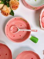 Kawaii Strawberry Ceramic Bowl Spoon Chopsticks Set Cute Girl Instant Noodles Bowl Ins Double Ear Soup Bowl With Lid Soup Bowl