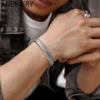 ANENJERY 925 Sterling Silver Wave Pattern Scripture Cuff Bracelets&amp;Bangles For Women Men Retro Hand Jewelry