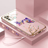 (คลังสินค้าพร้อม) เคสเคสมือถือสำหรับ Vivo Y50 /Y30/Y30i พร้อมฟรีสายคล้อง + การ์ตูนขอบสี่เหลี่ยมผีเสื้อชุบชุบเคลือบเคสฝาหลังนิ่ม