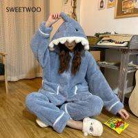 Autumn Winter Women Cute Pajamas Sets Cartoon Shark Hooded Sleepwear Coral Fleece Lady Home Clothes Female Sweet Warm Pyjamas