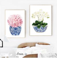 Blue and White Chinese Vase Watercolor Flower Art Prints Willow Style Chinese Porcelain Canvas Poster Painting Home Wall Decor