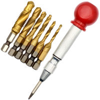 7 Pcs 1/4 Inch Metric Thread Tap HSS Spiral Hex Combination Drill Screw Tap Bit Set with Automatic Center Punch