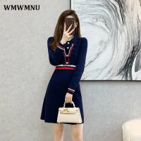 Vintage Striped Mini A-Line Knitted Sweater Dress Women Korean Lapel Ruffles Long Sleeve Party Dress Elegant Vestidos Robe Femme