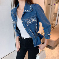Vintage Beadign Elastic Waist Long Sleeve Jeans Jacket Women Turn-Down Collar Pocket Button Blue Short Denim Jacket Coat Female