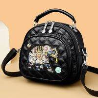 【Hot Sale】 2023 new summer all-match high-end embroidered rhinestone womens bag explosive style three-purpose backpack portable crossbody round