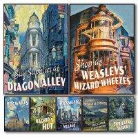 Vintage ภาพยนตร์ Hogwart Wall Art Room Home Decor Magic Castle Retro โปสเตอร์รถไฟท่องเที่ยวแม่มดภาพวาดผ้าใบ Print