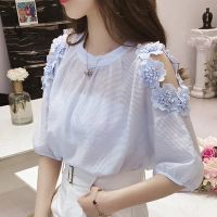 New womens  Korean Women Tops Fashion Open Shoulder Blouses For Women Flower Lace Blouse Summer Lantern Sleeve Blouse Ladies