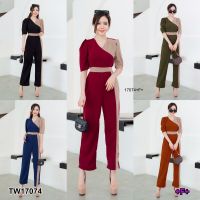 JK17074 Jumpsuit จั้มสูทแขนสั้น ทูโทน เนื้อผ้าวูเวฟ เอวมีสายผูกเก็บทรงชุด มีซิปซ่อนด้านหลัง***กรุณาแชทสอบถามก่อนสั่งซื้อ***