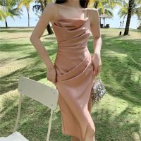 New summer beach condole belt dress female temperament of pure color split fold show thin skirt with shoulder-straps dress