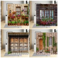 Retro Wooden Door Flower Window Shower Curtain Country Farmhouse Scenery ​Bathroom Decor Garden Curtains With Hooks Waterproof