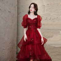 Glary Star Bride Burgundy ชุดแต่งงาน Fairy French Princess Dress ชุดราตรี