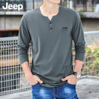 เสื้อยืดผู้ชายลาย JEEP SPIRIT เสื้อยืดแขนยาวคอวีใหม่เสื้อยืดทรงหลวมยืดหยุ่นพื้นผ้าฝ้ายบริสุทธิ์ฤดูร้อนเสื้อยืดแขนยาวบางๆ