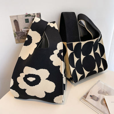 Reusable Handmade Knot Casual Bag Mini Stripe Wide Japanese Shopping Color Plaid Wrist Handbag Knit