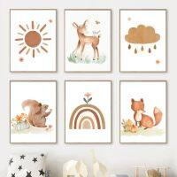 Boho Fox กระรอกกวาง Moth เห็ด Rainbow Sun Cloud Wall Art ภาพวาดผ้าใบโปสเตอร์และพิมพ์สำหรับ Kids Room Decor