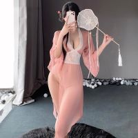 ชุดคอสเพลย์ Hanfu ชุดชั้นในเซ็กซี่สำหรับผู้หญิงชุดจีนหรูหราสไตล์โบราณสีชมพูเข้มผ้าคอสเพลย์