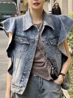 ZZOOI Spring Summer Sleeveless Single-breasted Blue Denim Vest Womens Ruffles Turn-down Collar Short Jean Jacket All-match Vest Coats