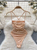 SINGREINY แฟชั่นผู้หญิงเซ็กซี่ Slim Bodysuits สปาเก็ตตี้ Backless Lace Up Cross Bandage Ruched ใหม่ Hotsweet Playsuits Rompers