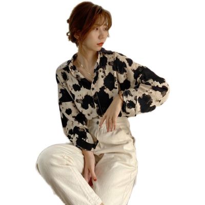 Western style r Hong Kong flavor long-sleeved shirt female loose leopard shirt printing ink