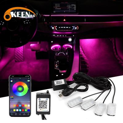 OKEEN 4PCS Car Atmosphere Led Foot Light USB Lighter APP Control RGB Multiple Modes Auto Interior Ambient Decorative Lamp Bulbs  LEDs HIDs
