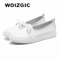 WOIZGIC รองเท้าผู้หญิงนักเรียน Gril รองเท้าหนังแท้สีขาวแฟลตแพลตฟอร์มแผ่นรองรองเท้าเกาหลีสบายๆรองเท้าวัลกาไนซ์ FEZ-173