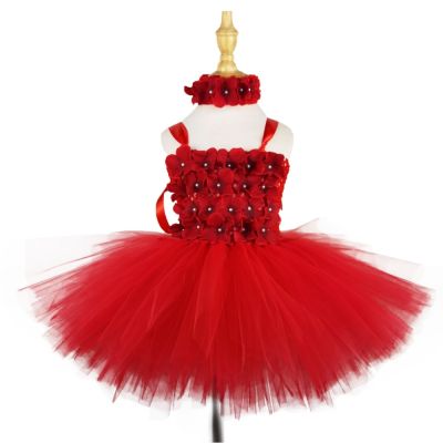 〖jeansame dress〗สาวกลีบดอกไม้สีแดงชุดบัลเล่ต์เด็กโครเชต์ T Ulle ชุดที่มีแถบคาดศีรษะเด็กวันเกิดปาร์ตี้คริสต์มาสเครื่องแต่งกายชุดราตรี