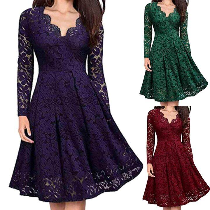 retro-women-dresses-lace-floral-v-neck-long-sleeve-tight-waist-a-line-party-midi-dress-tight-waist-party-dress-women