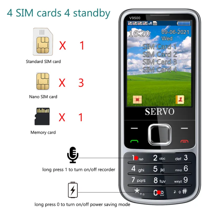 SERVO V9500 4 SIM Cards 4 Standby Cell Phone Speed Dial Numbers One Key Recorder Magic Voice