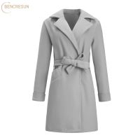 Womens artificial Woolen Coat Autumn Winter Khaki Gray Black Fashion Slim Fit Belt Pocket Lapel Long Sleeve Commuter Jackets