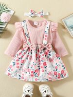 Adorable 3-Piece Baby Girl Outfit Knitted Long Sleeve Romper Floral Suspender Dress and Bowknot Headband in Solid Colors  by Hs2023