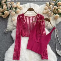 PEAR DODO Korean cropped camisole/long sleeve hollow knit cardigan for Woman (order separately)