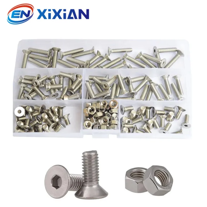 m2-m3-m4-m5-m6-hex-socket-bolt-and-nut-box-set-304-stainless-steel-flat-head-countersunk-hexagon-machine-screw-assortment-kit