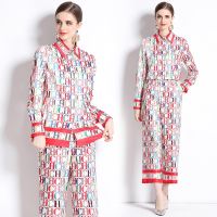 Womens two-piece fashion versatile slim shirt with loose positioning printed wide pants set