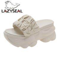 LazySea จีบสูง8ซม. ส้นตึกรองเท้าสไลด์สตรีรองเท้าสตรีด้านนอกรองเท้าแตะมีส้นสำหรับผู้หญิงสีทึบด้านบน