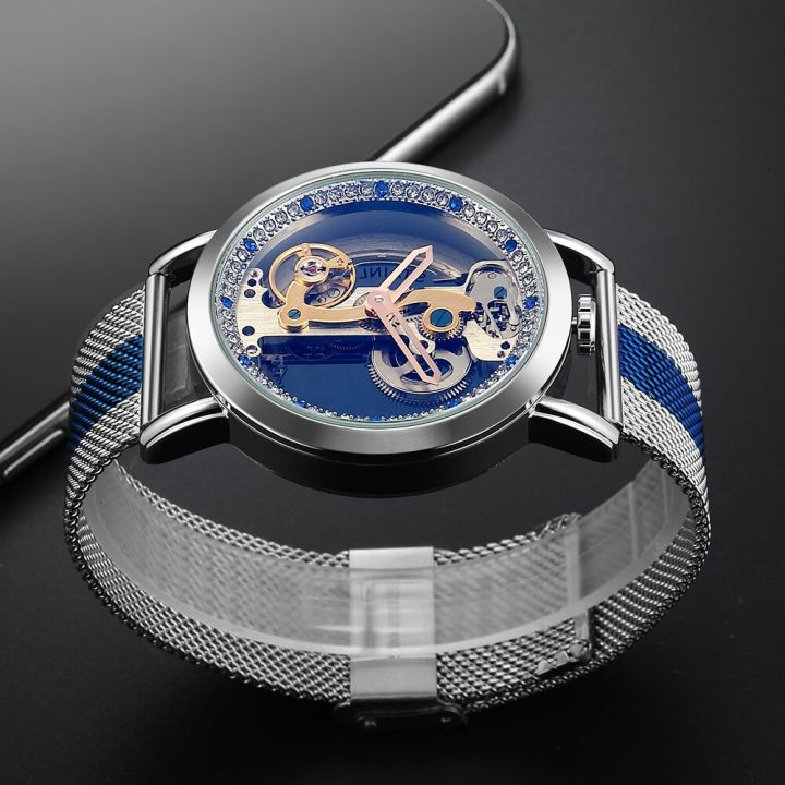 โปร่งใสแฟชั่น-tourbillon-นาฬิกาผู้ชายสีฟ้าหน้าปัดคริสตัลสายนาฬิกาแบบถักอัตโนมัตินาฬิกาข้อมือ-reloj-กลไก2023