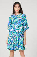 EP เดรสสั้นลายดอกไม้แต่งพลีท ผู้หญิง สีเขียว | Floral Print Dress with Pleat  Details | 0777