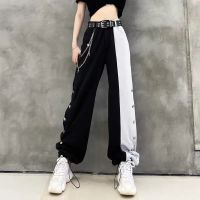 New Arrival Women Fashion Contrast Cargo Pants Female Elastic Waist Wide Leg Trousers Ladies Korean High Street Pant Plus Size