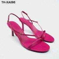 ?❁✟℗ European and large size sandals summer new round head thin strap one-shaped buckle high-heeled female spot