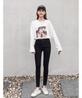 กางเกงยีนส์ผู้หญิง  สีดำซิบเอวสูง a.107