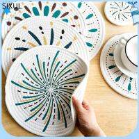 SIXUL 4Pcs กลมกลมๆ Trivets ผ้าทอฝ้าย 7นิ้วค่ะ แผ่นรองอาหาร ทนทานต่อการใช้งาน ทนความร้อนทน แผ่นป้องกันน้ำร้อนลวกบนโต๊ะ โต๊ะสำหรับโต๊ะ