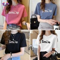 เสื้อยืดคอกลม เสื้อยืดแฟชั่น สกีนลาย Smile สีพื้นน่ารัก พร้อมส่ง TS1130