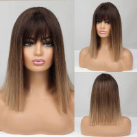 Ombre Brown Blonde Golden Synthetic Wigs With Bangs Middle Long Wig For Women Cosplay Party Wig Heat Resistant Fiber Fake Hair