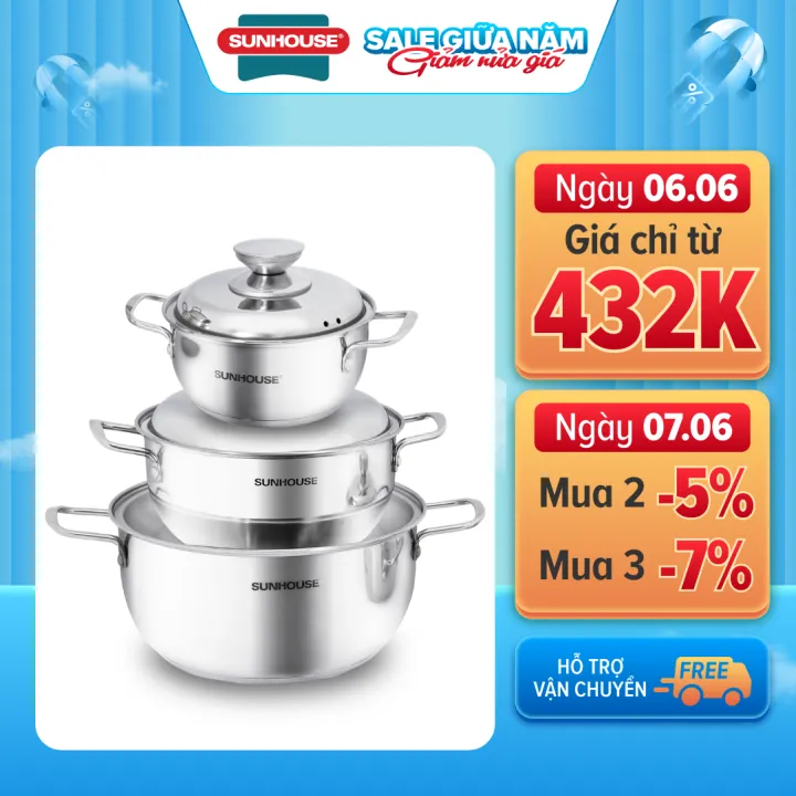 Bộ Nồi Inox 3 Đáy SUNHOUSE SH335 16, 20, 24 cm