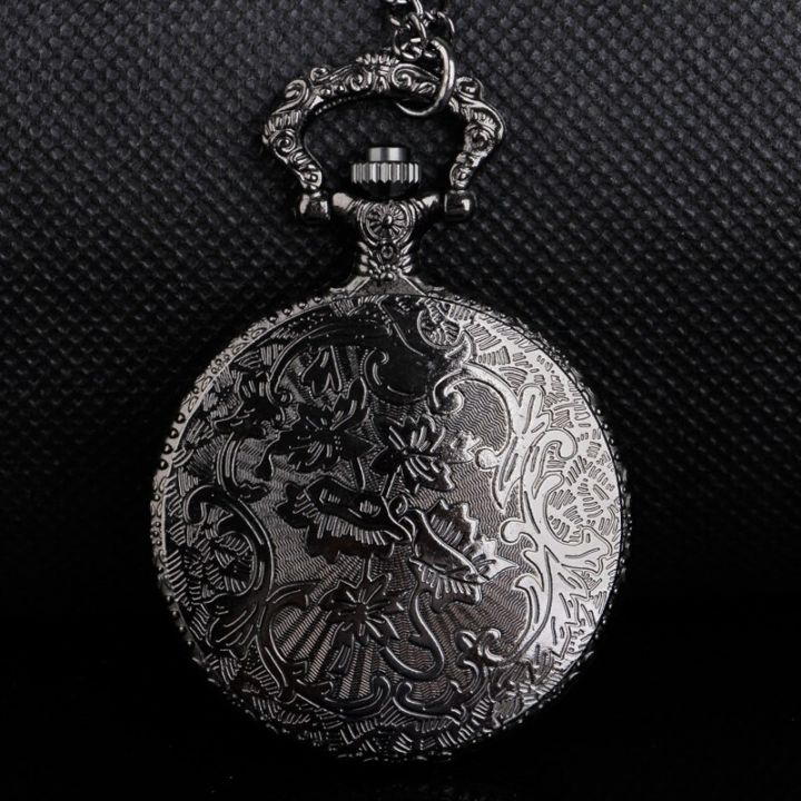 กระเป๋าควอทซ์แบบฝาพับสีดำกะโหลกศีรษะนาฬิกาพร้อมโซ่ผู้ชายผู้หญิงนาฬิกานาฬิกาพกคลาสสิคโบราณ