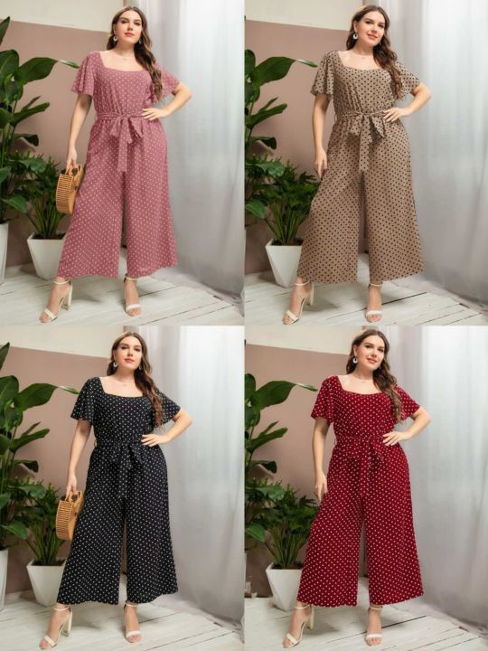 Plus Size Casual Elegant Boho Jumpsuit Belted Square Neck Style Polka