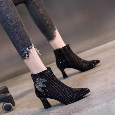 COD dsdgfhgfsdsss READY STOCK[Authentic] 2022 New Spring And Autumn Mesh Hollow Short Boots Thick Heel Pointed Toe All-Match Women S With