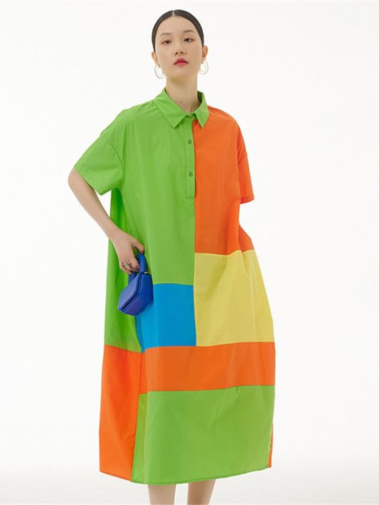 xitao-dress-color-block-casual-fashion-women-shirt-dress