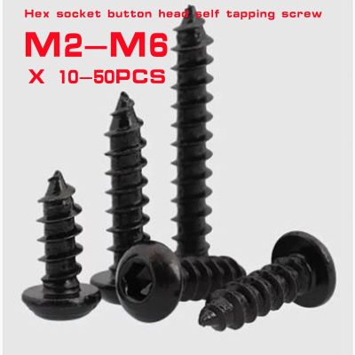 10/50Pcs Hex button head tapping screw  M2 M2.6 M3 M4 M5 M6 steel with black Hexagon Socket Round Head Self tapping Screws Nails Screws Fasteners